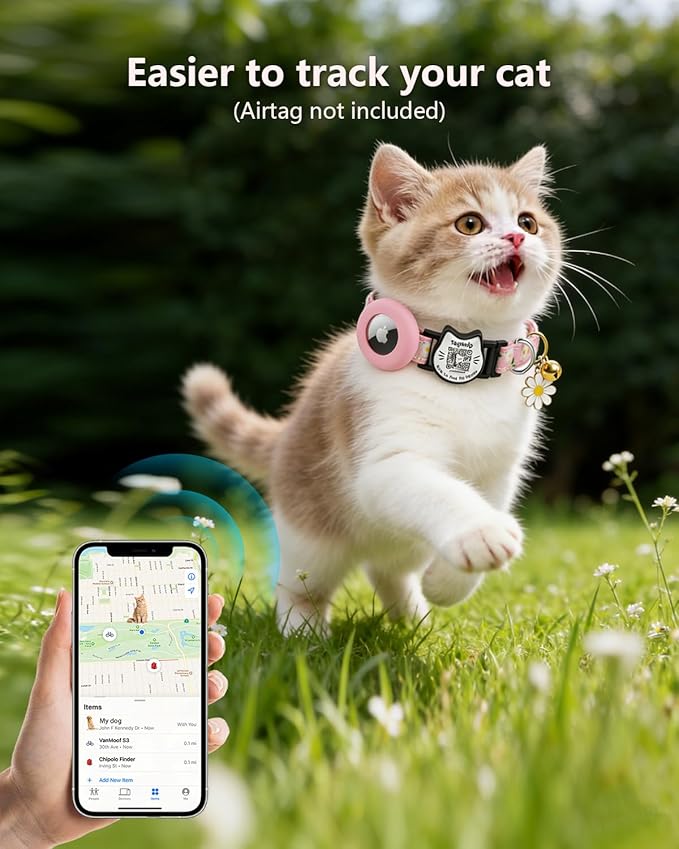 Cute Floral Breakaway Cat Collar with QR Code ID, Cotton Kitten Collar with Bell & AirTag Holder, Adjustable Safety Collar for Cats,Pastoral Style with airtag Holder(Pink)