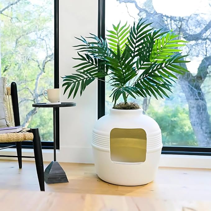 Good Pet Stuff Hidden Litter Box Planter, Decorative Cat Litter Enclosure with Carbon Filter, Artificial Plant, Easy Clean, Removable Liner, Round Style, Essentials Kit, Classic White