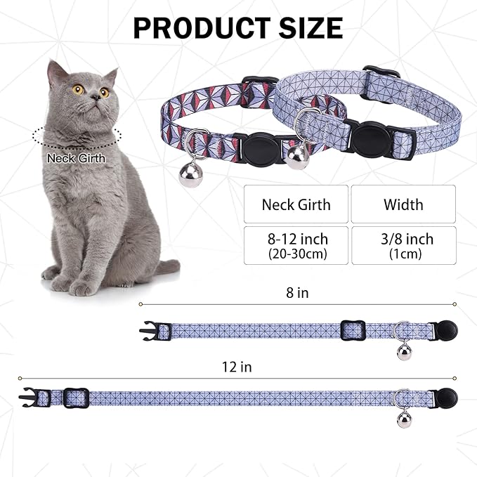 Breakaway Cat Collar with Bell & Cute Pendant, 2 Pack Kitten Collars with Safety Buckle for Girl Boy Male Female Cats, Puppies and Small Pet, Adjustable 8-12 Inch