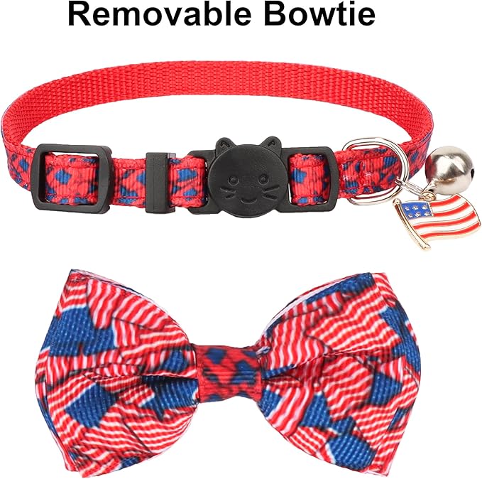 ADOGGYGO American Flag Cat Collars with Bow Bell, Breakaway Pet Bowtie Collar Red Blue Star Flag 4th of July Collars for Girl Boy Cats Kittens
