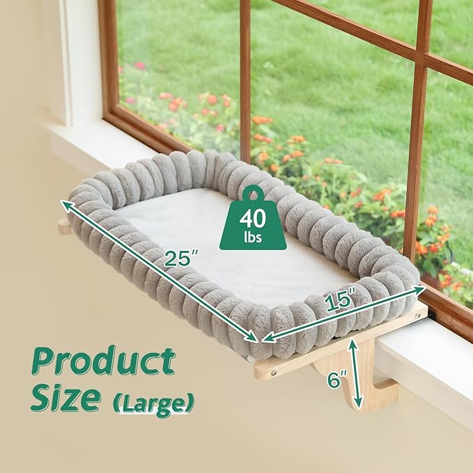 Zakkart SnugCloud Cat Window Perch with 4-Sided Bolster - Large Cat Hammock for Window Sill - Solid Hardwood & Metal Frame - Window Seat for Pets (Natural Color Wood w/Gray Bed, Large)