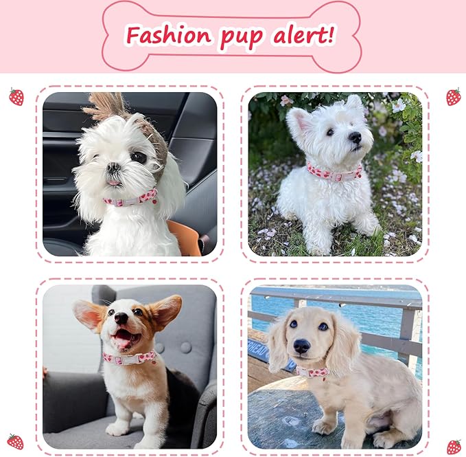 Pink Dog Collar for Small Dogs, Cute Dog Collars Girl Puppy Collar with Strawberry Pattern, Adjustable Cotton Pink Collar Ideal, Daily Photos & Pet Fashion