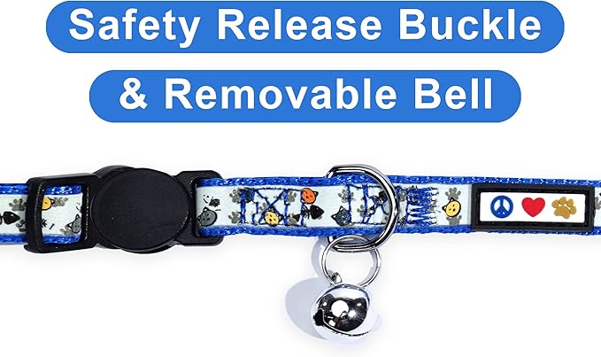 Pawtitas Glow in The Dark Cat Collar with Breakaway Safety Buckle & Bell Adjustable Kitten Collar, Blue