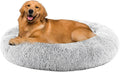 Sweetcrispy Donut Dog Bed, XL Large Round Calming Cat Bed with Washable Waterproof Cushion, Anti-Anxiety & Anti-Slip Fluffy Cuddle Cozy Faux Fur Plush for Pet Puppy Indoor Sleeping (37.4"x37.4", Gery)
