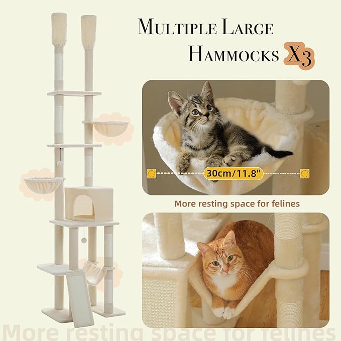 Floor to Ceiling Cat Tree Height (85-112 Inches) Adjustable, Tall Cat Tower 7 Tiers Activity Climbing Tower, Large Cat Tree with Cozy Hammocks, 5 Platforms and Scratching Posts for Indoor Cats-Beige
