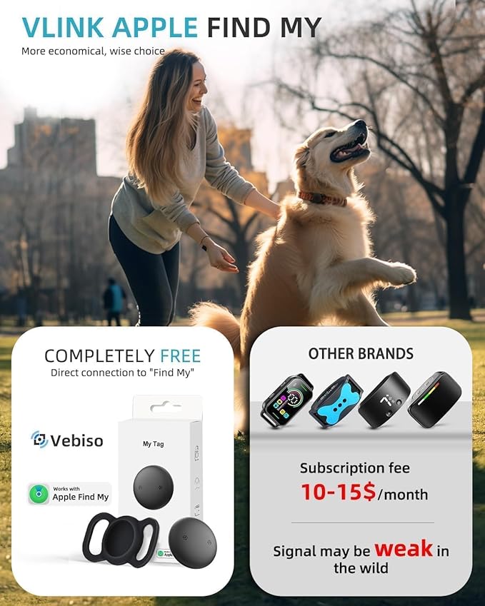 VB GPS Tracker for Dogs (1 Pack), Mini GPS Cat Tracker, Smart Pet Activity Tracker (iOS Only), No Monthly Fee, Compatible with Apple Find My, Anti-Lost, Finder Tag