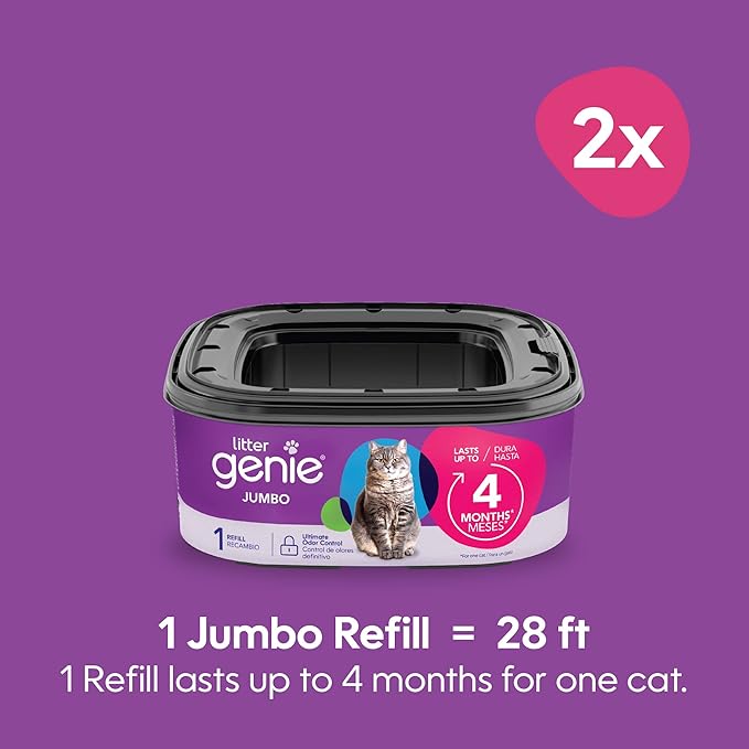 Litter Genie Refill Bags | Jumbo 2-Pack, 56 Total ft | Up to 8 Months of Supply in 2 cartridges | Ultimate Odor Control Cat Litter Bags