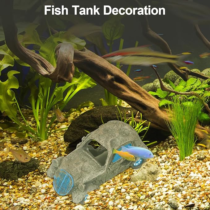 Aquarium Decorations for Fish Tank - Realistic Resin Rock Cave Hideouts, Safe Fish Tank Ornaments with Natural Design for Betta, Goldfish, Shrimp - Easy to Clean (car)