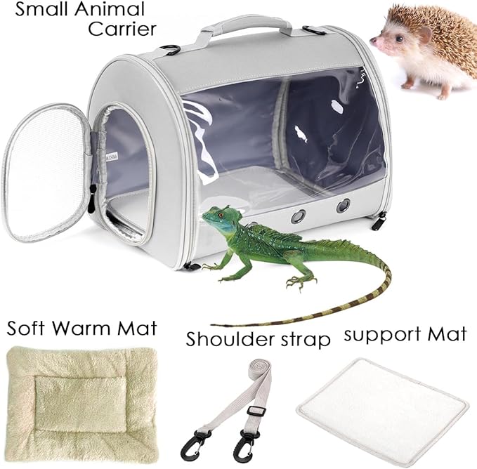 Bearded Dragon Travel Carrier Backpack,Lizard Backpack Carrier,Space Capsule Clear Bubble Window Astronaut Reptile Carrier Backpack for Guinea Pig,Sugar Glider,Bunny (Grey, TPU Carrier+MAT)