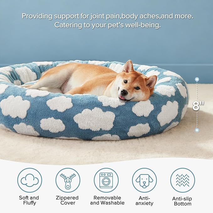 JOEJOY Donut Dog Bed Medium Size Dog, Cute Round Calming Pet Bed with Removable Washable Cover, Orthopedic Puppy Bed with Jacquard Shaggy Plush & Non Skid Bottom