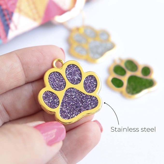 Paw Shape Dog ID Tag Stainless Steel Custom Laser Engraved, Cute Bling Glitter Pet Name Tags Personalized with Durable Engraving (Gold Sparkly Paw)