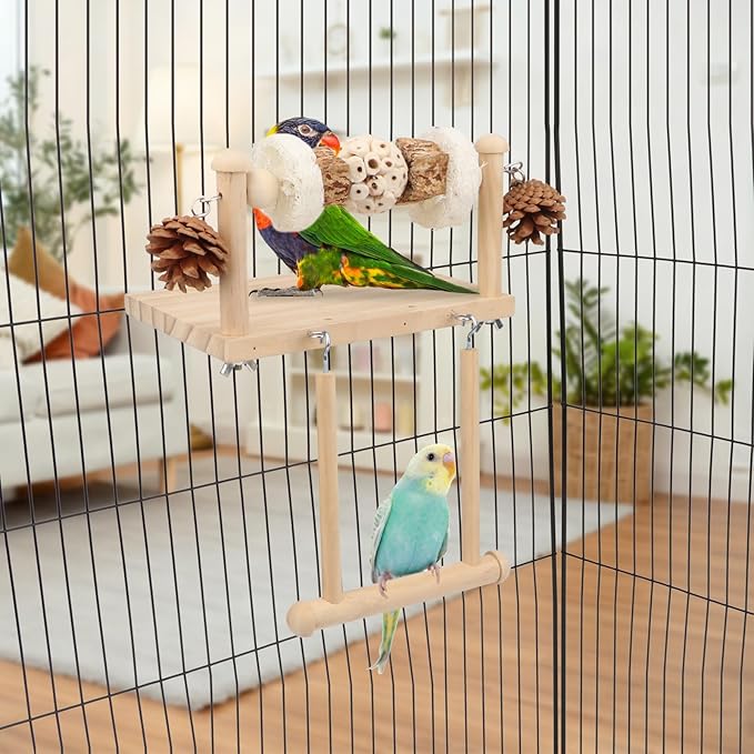 Litewoo Bird Perch Wooden Platform Bird Swing Chew Toys Play Gyms Exercise Stands Hanging Parrot Swinging Perches Conure Cage Accessories for Parrot Parakeet Conure Lovebirds Budgie (Single Sola Ball)
