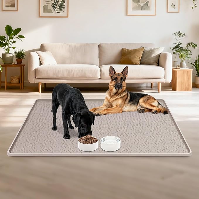 Lanstics Dog Food Mat, 42" x29" Large Silicone Mat Dog Feeding Mat with Raised Edge Non-Slip Pet Feeding Mat for Food and Water Bowl, Easy to Clean, Floor Protection (Beige)