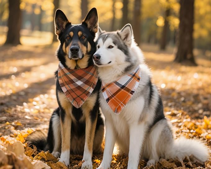Fall Dog Bandanas,Autumn Halloween Orange Plaid Scarf,Triangle Holiday Thanksgiving Outfit for Boy and Girl Dogs,Pet Costumes for Medium to Large Dogs,2PCS Double-Sided Plaid Design with Tassels