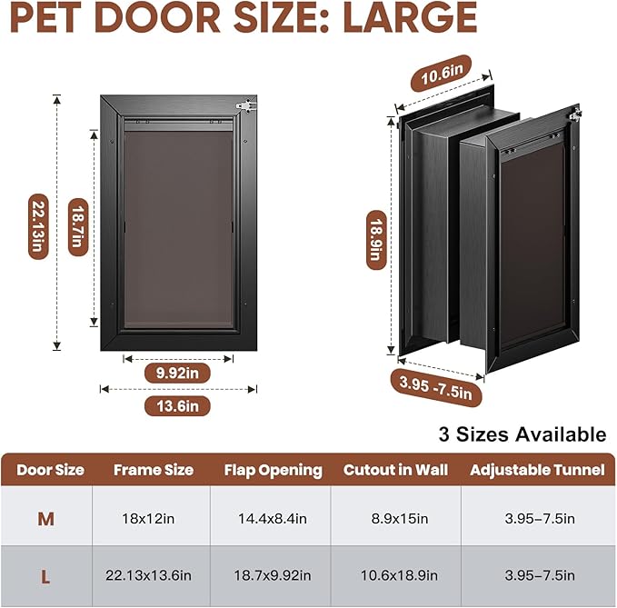 3-Flap Dog Door, All Aluminum Alloy Large Doggy Door Doggie door for Wall, Heavy Duty Pet Door Easy to Install, Energy Efficient, Telescoping Tunnel for Interior & Exterior Wall, Pet Up to 110Lb-Black