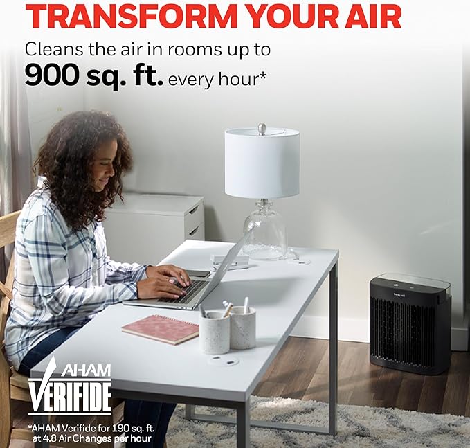 Honeywell HEPA Air Purifier for Home, 938 Ft² Rooms in 1 Hour, Turbo Clean, Reduces Allergens, Dust, Pollen, Pet Dander, All Smoke Types, Odors, Black, HPA5100B