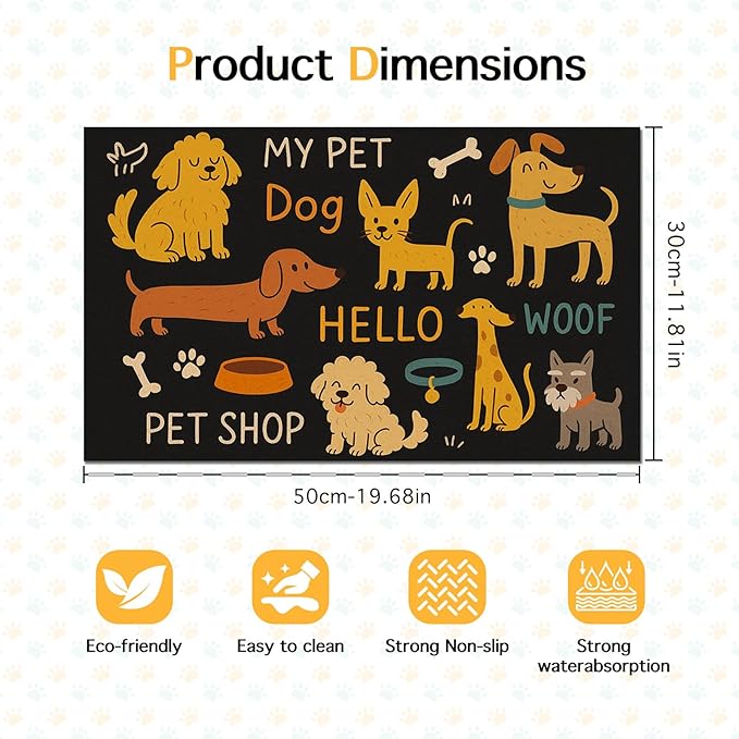 Cute Happy Dog Pattern Design Pet Food Mat 20" x 12" Fun Easy Clean Pet Feeding Mat Absorbent Cat Bowl Mat Non Slip Dog Foods Mats Pets Placemat for Dogs and Cat Feeding