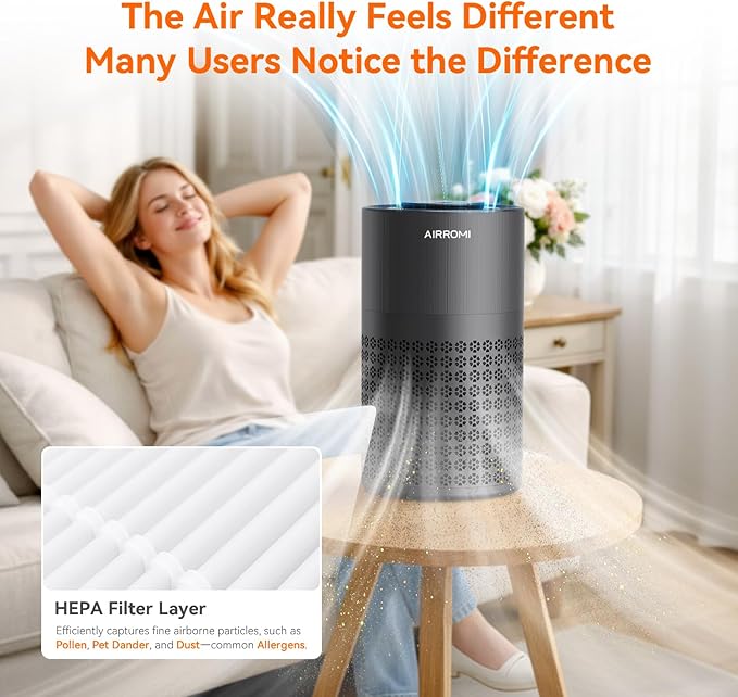AIRROMI Air Purifier for Bedroom with HEPA 3-in-1 Filter, Pet Air Purifier for Home Cat Pee Smell, Covers Upto 990 Ft², Quiet 360°intake Air Cleaner for pet hair,allergies,Dust,Smoke A2001 Black