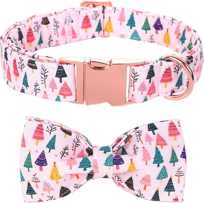 Christmas Dog Collar, Pink Christmas Tree Soft Comfortable Collars with Bow Adjustable Pet Collar with Premium Metal Buckle Puppy Necklace for X-Small Girl Dogs