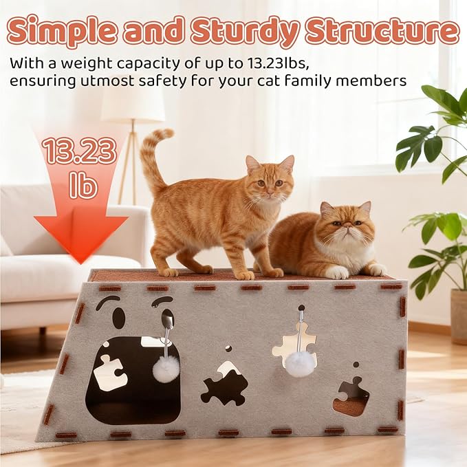 Large Felt Cat Cave & Tunnel with Hanging Balls, Built-in Scratcher - Modular Peekaboo Cat Hideaway House for Large Breed Cats, Stackable Play & Rest Bed