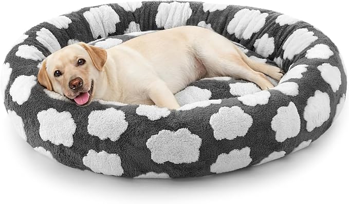 JOEJOY Donut Large Dog Bed, Cute Round Calming Dog Bed with Removable Washable Cover, Orthopedic Pet Beds with Jacquard Shaggy Plush & Non Skid Bottom, Black