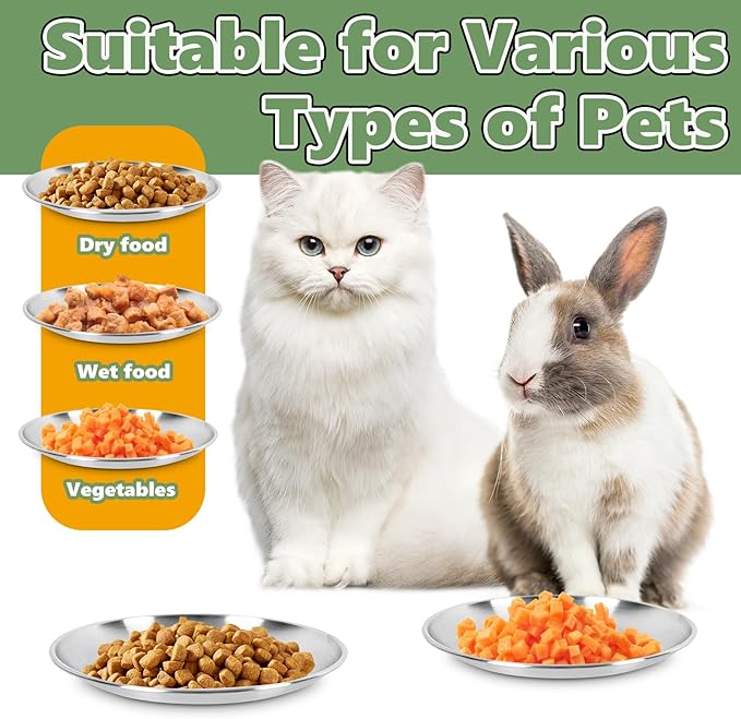 8-Pack Stainless Steel Cat Food Bowls, Shallow Whisker-Friendly Non-Slip Silicone Base Metal Dishes, Easy to Clean Indoor Feeding Flat Plates for Cat, Kitten, Small Dog (6.7")