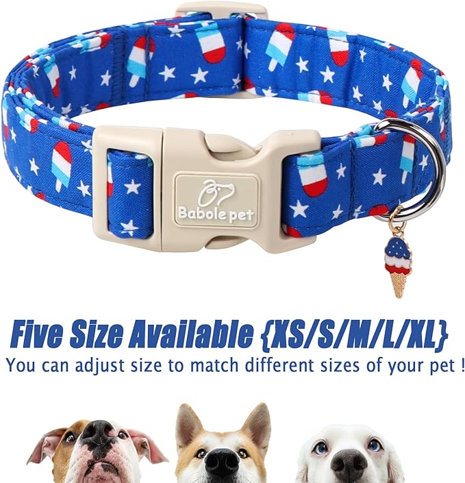 4th of July Dog Collar, Summer Popsicle Patriotic Dog Collars for Small Dogs, Adjustable Lightweight Quick-Release Buckle Collar for Boy&Girl Dogs S