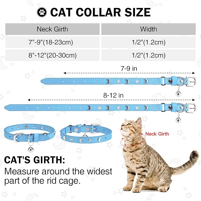 Leather Cat Collars for Boy Girl Cats with Bell and Safety Elastic Belt, Personalized Star and Moon Stud Adjustable Safe Buckle Collar for Kitty Small Big Cats Size 7-9 Inch, Light Blue