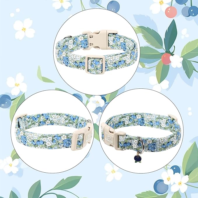 Blueberry Pattern Dog Collar, Cute Light Blue Spring Summer Puppy Collar - Soft Adjustable Designer Dog Collars for Small Medium Large Dogs XS