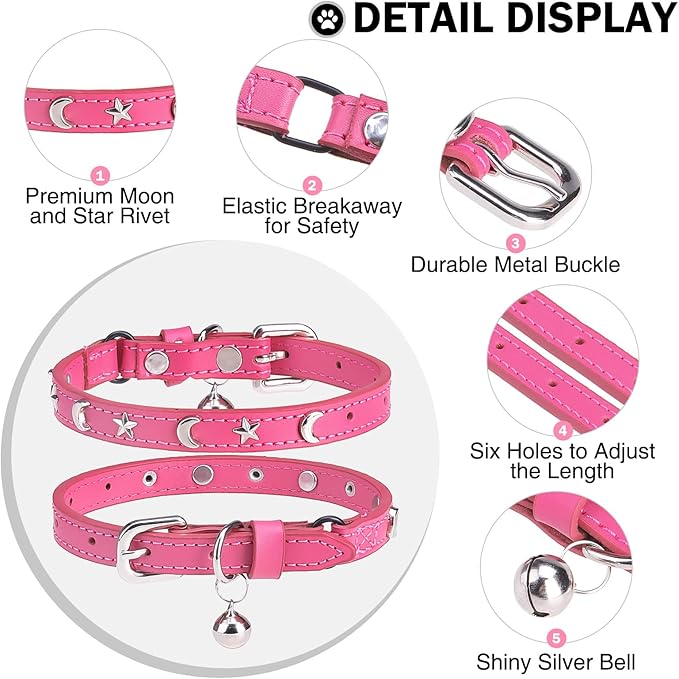 Leather Cat Collars for Boy Girl Cats with Bell and Safety Elastic Belt, Personalized Star and Moon Stud Adjustable Safe Buckle Collar for Kitty Small Big Cats Size 8-12 Inch, Rose