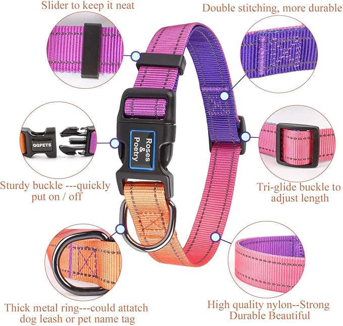 Roses&Poetry Reflective Dog Collar with Gradient Mistyrose, Adjustable Durable Pet Collars for Small Medium Large Dogs (Mistyrose-L)