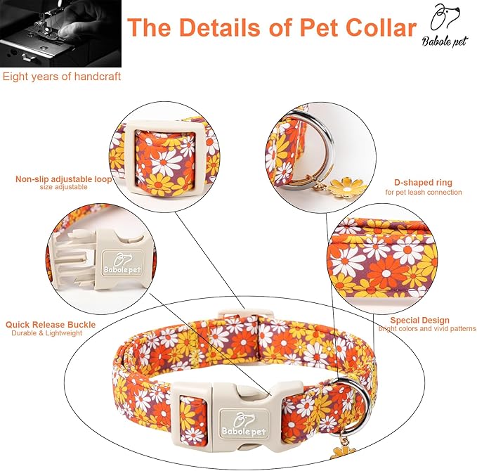 Fall Dog Collar Vintage Daisy Puppy Collar - Hippie Flower Dog Collars Light Comfortable Adjustable Pet Collars for Small Medium Large Girl Boy Dogs XS