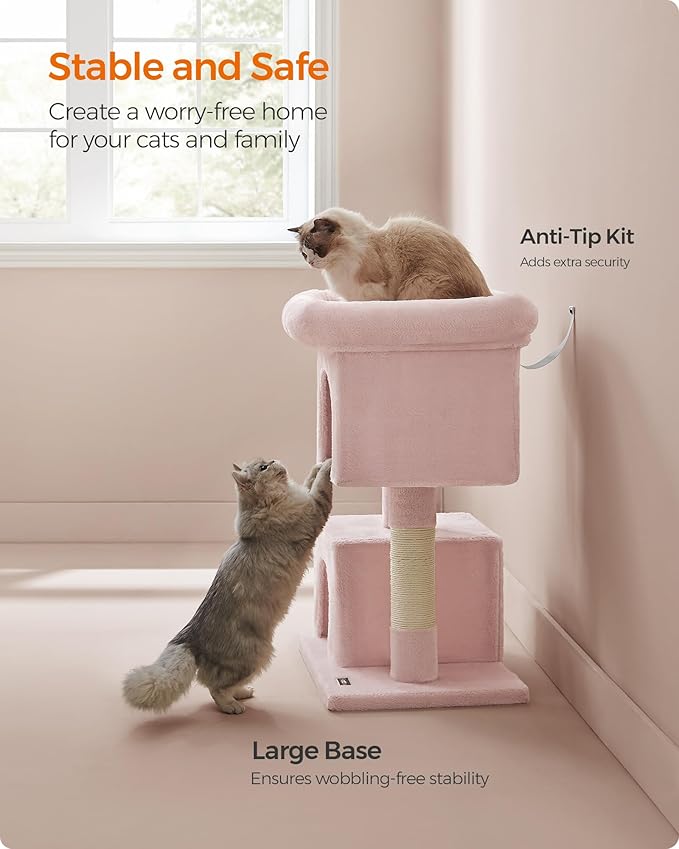 Feandrea Cat Tree, 33.1-Inch Cat Tower, Plush Condo for Large Cats up to 16 lb, Large Perch, 2 Caves, Scratching Post, Jelly Pink UPCT061P01