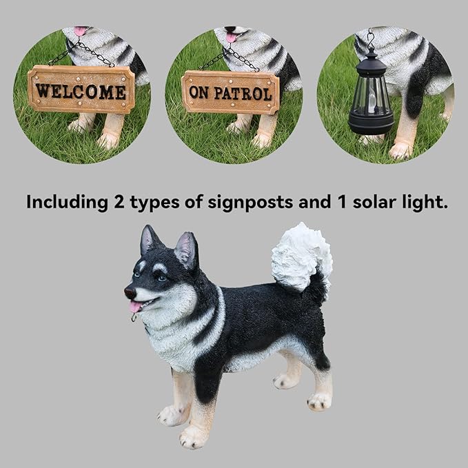 Akita Statue Outdoor Decorations – Outdoor Dog Statue Standing Black Akita with Removable Solar Light & Welcome Sign for Patio Décor