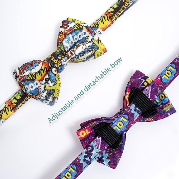 Faygarsle 2 Pack Cotton Designer Breakaway Cats Collar with Bow Tie and Bell Graffiti Style Cat Collars for Girl Female Boy Male Cat Collar with Bell Collars for Cats Purple Yellow