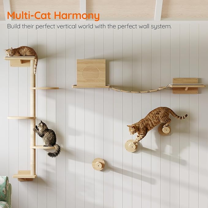 HOOBRO Wood Cat Wall Shelves for Large Cats, 11-Piece Cat Wall Furniture, Wall-Mounted Shelves with House, Hammock, Ladder, Scratching Posts and Step, Climbing Wall for Multiple Cats, Natural NL46CS03