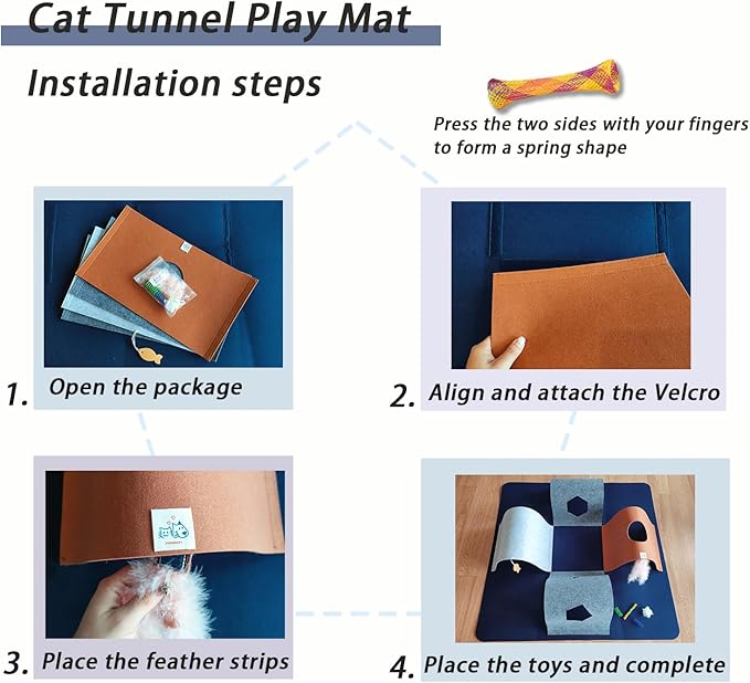 Cat Tunnel Mat for Indoor Cats,4-Way Felt Cat Tunnel Play Mat with Feathers & Bell 6 Pcs Interactive Cats Enrichment Toys Set Foldable Kittens Cave Hideout for Pet Hide & Seek(Navy Blue)
