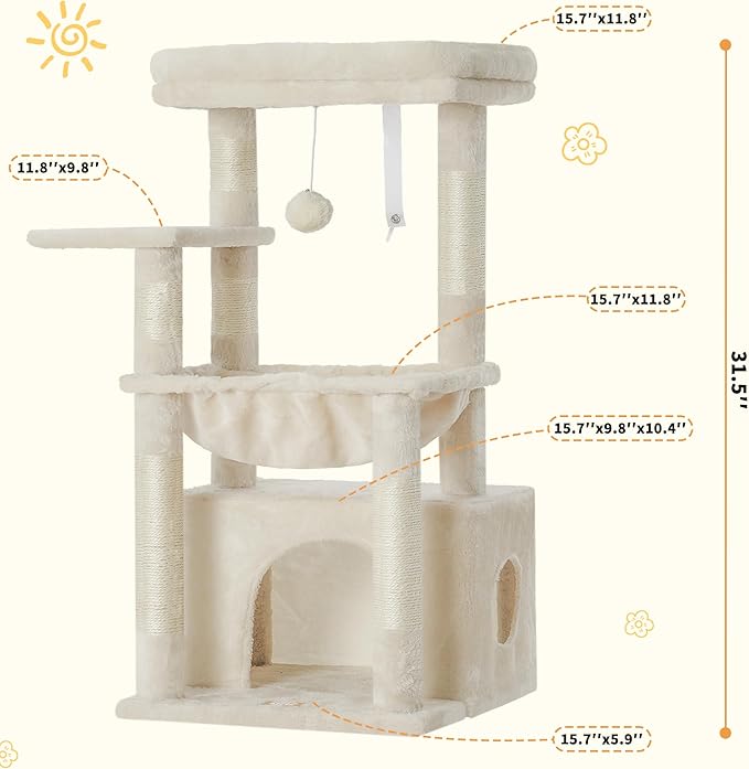 Heybly Cat Tree, Kitten Tower with Large Soft Cat Basket, Cat Condo with Spacious Cat Bed Cave with Hidden Space, Sisal-Covered Scratching Posts, Dangling Ball for Indoor Cats, Beige HCT008SM
