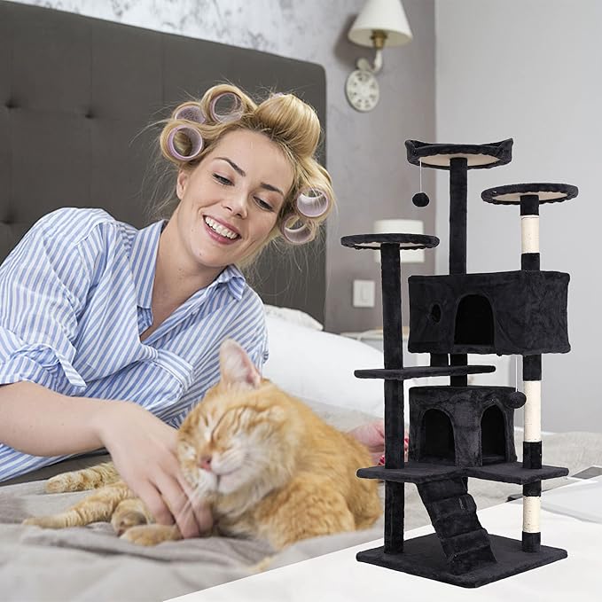 Heavy Duty Cat Tree Tower, 54" Tall Cat Tower for Indoor Cats with Cat Scratching Post with Bed, Cat Condo, Hanging Ball, Multi-Level Cat Climbing Tower Cat Trees Furniture Activity Center, Dark Grey