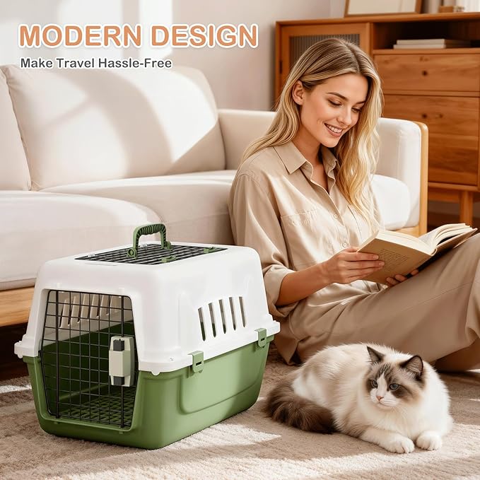 MoNiBloom 22-Inch Dog Crate Plastic 2-Door Top Loading Cat Carrier, Hard-Sided Dog Travel Carrier for Small Dogs and Cats, Ventilation and Security Lock Design for Pets up to 22 lbs (Green)