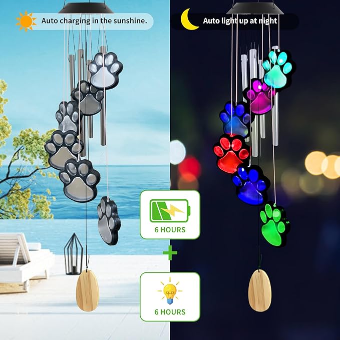 Paw Print Solar Wind Chimes for Outside,Color Changing Paw Prints Wind Chimes Solar Lights Outdoor Yard Decor,Dogs Cat Pet Pawprint Wind Chime,Sympathy Gift for Pet Lover,Garden Gift for Mom Grandma