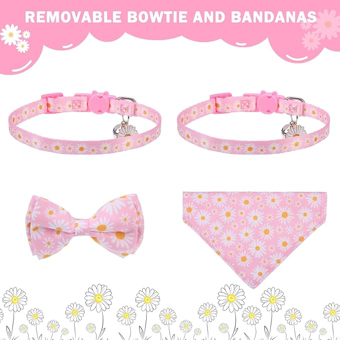 SCENEREAL Spring Cat Collar Breakaway with Bells, 2 Pack Cute Flower Pet Collar with Removable Bow Tie and Bandana, Adjustable Safety Buckle with Daisy Pendants for Girl Cats Kitten