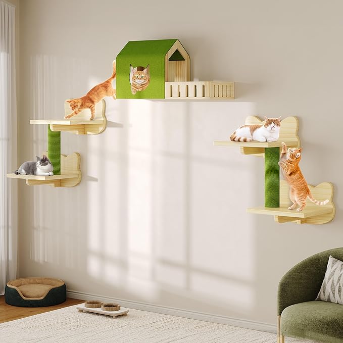 DWVO Cat Wall Shelves and Perches for Wall, Solid Wood Wall Mounted Cat Furniture, Set of 7 Cats Climbing Shelves for Large Cats with Green Wall House and Fence, Steps, Scratching Posts