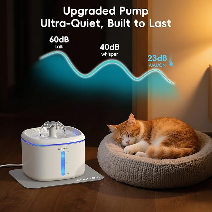 Cat Water Fountain,84oz/2.5L Pet Cat Fountain – Ultra Quiet Upgraded Automatic Pet Water Dispenser with 8 Replaceable Filters, Indoor Cat & Dog Drinking Bowl (with mat)