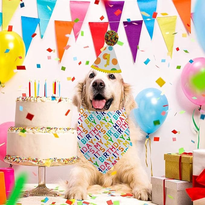 Dog Birthday Bandana Set, It's My Birthday Dog Scarfs, Pet HBD Party Decor Supplies with Colorful Polka Dots Hat Numbers Kerchief for Boy and Girl (Multicolor)