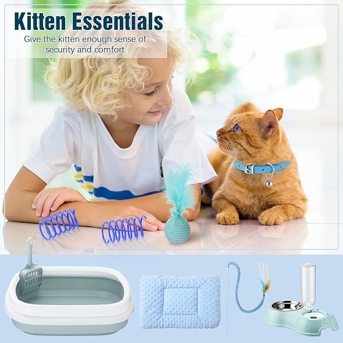 Eccliy Kitten Starter Kit, 10 Pcs Cat Starter Kit for Indoor Cats Kitten Essentials Includes Litter Box, Pet Toy, Folding Carrier, Climbing Frame, Mat, Collar, Automatic Food Bow(Classic,Blue)