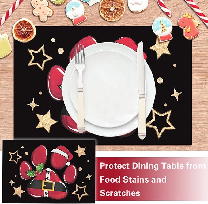 Christmas Dog Cat Paw Prints Placemats Set of 4, Xmas Stars Dining Place Mats Table Decor Pet Lover Gifts, Winter Funny Holiday Home Kitchen Decoration 12 x 18 Inch
