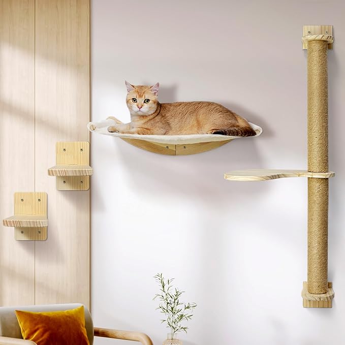 Wall Mount Cat Wall Shelves – Hammock, Scratching Post with Landing, Two Jumping Steps – Cat Furniture and Shelves up to 30 lbs, Set of 4