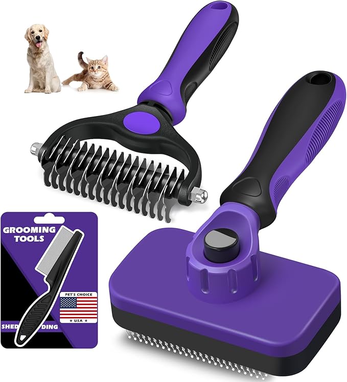 3PCS Self Cleaning Slicker Brush & Pet Grooming Rake & Flea Comb for Dogs,Cats and Horses | Double-Sided Dematting Comb & Skin Friendly Deshedding Grooming Tool | Premium Pet Supplies (Purple Black)