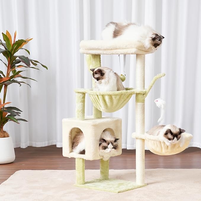 Heybly Cat Tree, 39.4 Inches Tower Condo with Scratching Post, Cat Tower for Indoor Cats, Fully Wrapped Sisal Pole, Soft Platform, 2 Baskets and Dangling Toy, Green and Beige HCT006SGM
